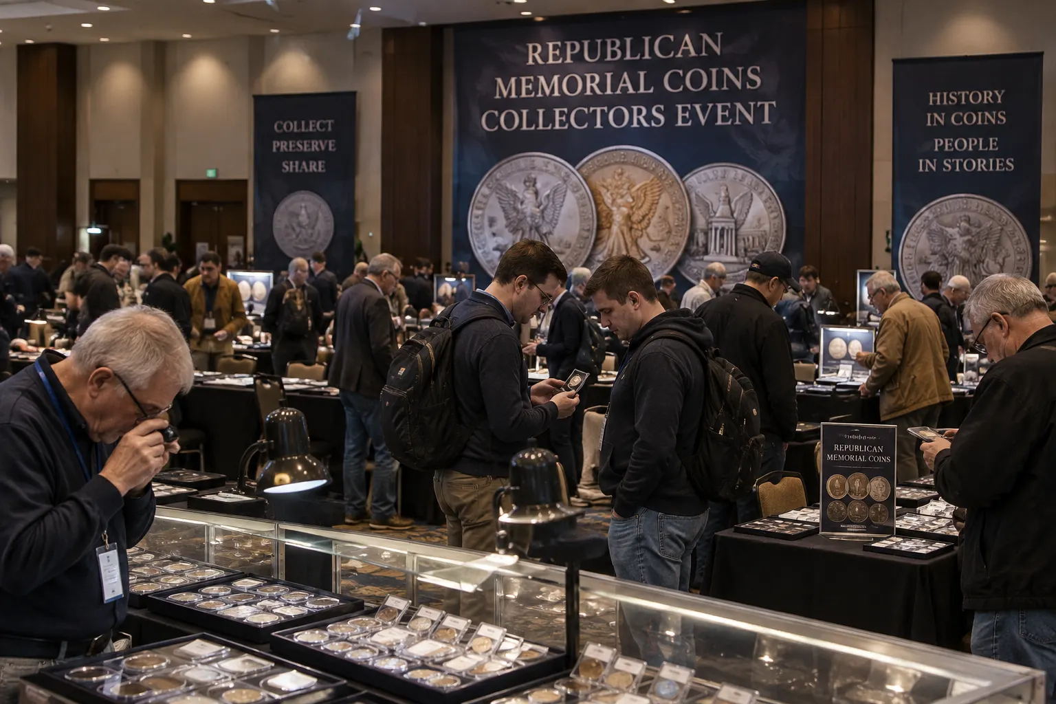 Collectors browsing memorial coins on display at an events show